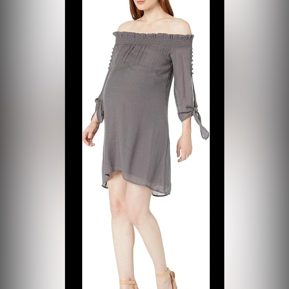 Maternal America Maternity Juliet Off Shoulder Dress Charcoal Gray Medium EUC